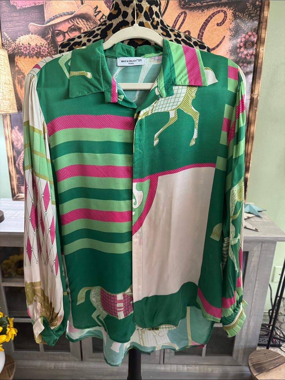 Max & Enjoy Paris LS Pink/Green Equestrian Top  Size U/12